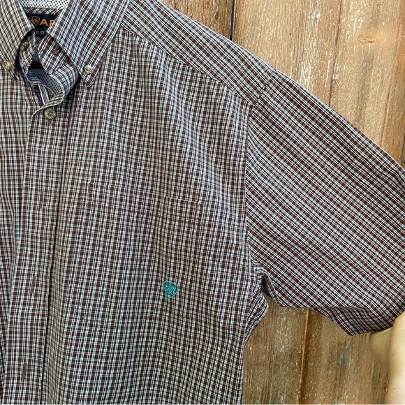 ARIAT Pro Series Men's Brown White Plaid Button Down Short Sleeve Shirt Medium - Picture 4 of 11